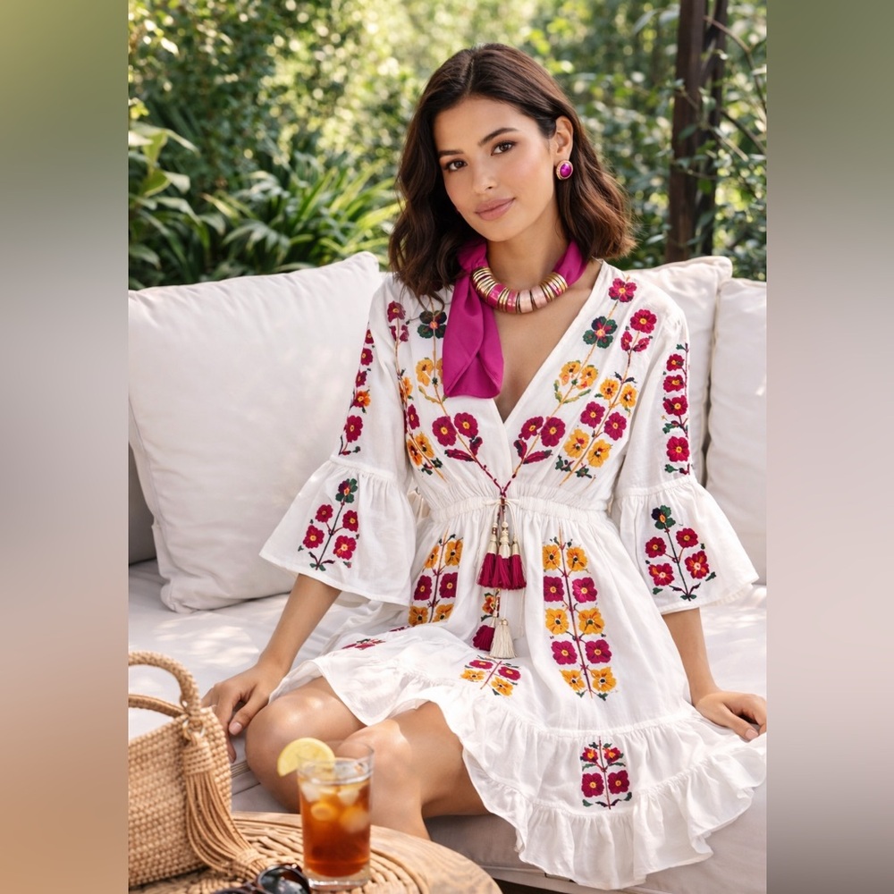 Floral Embroidered White Mini Dress